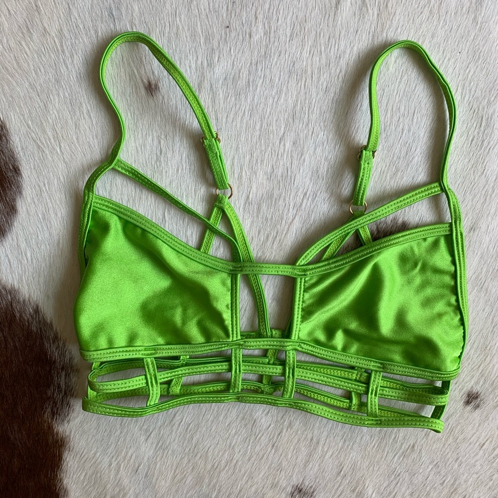 One Teaspoon Bright Green Cage Bralette Swim Top